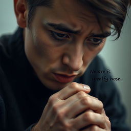 A close-up portrait of a person experiencing a moment of difficulty speaking, showcasing their facial expression which reveals internal struggle and frustration, but also a flicker of hope