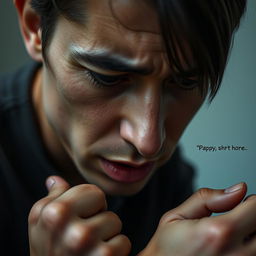 A close-up portrait of a person experiencing a moment of difficulty speaking, showcasing their facial expression which reveals internal struggle and frustration, but also a flicker of hope