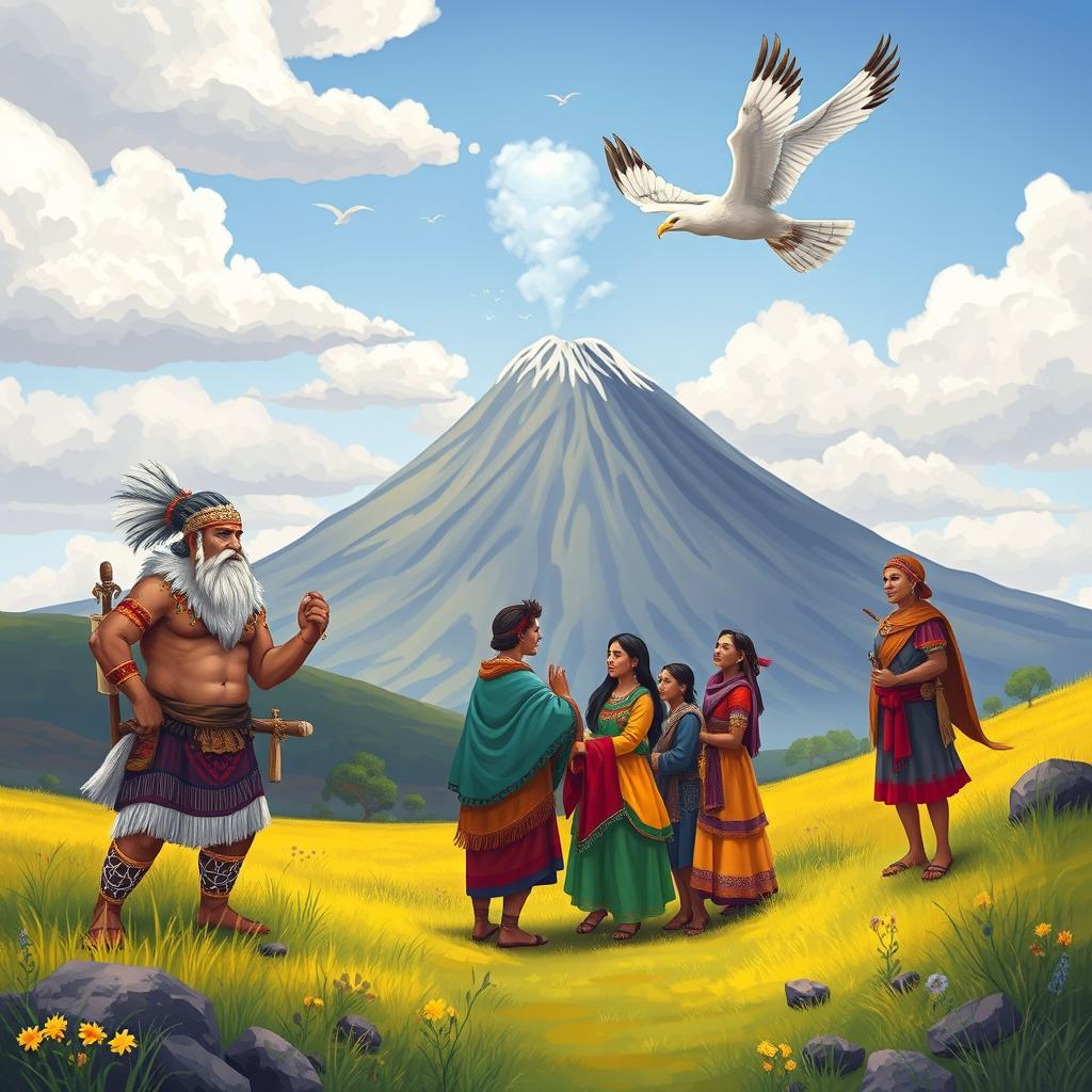 An illustration of the legend of the potato featuring strong and fierce Karis men alongside the peaceful and tranquil Sapallas community