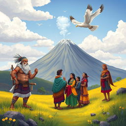 An illustration of the legend of the potato featuring strong and fierce Karis men alongside the peaceful and tranquil Sapallas community