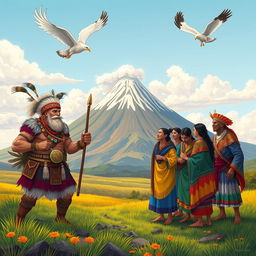 An illustration of the legend of the potato featuring strong and fierce Karis men alongside the peaceful and tranquil Sapallas community