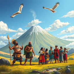 An illustration of the legend of the potato featuring strong and fierce Karis men alongside the peaceful and tranquil Sapallas community