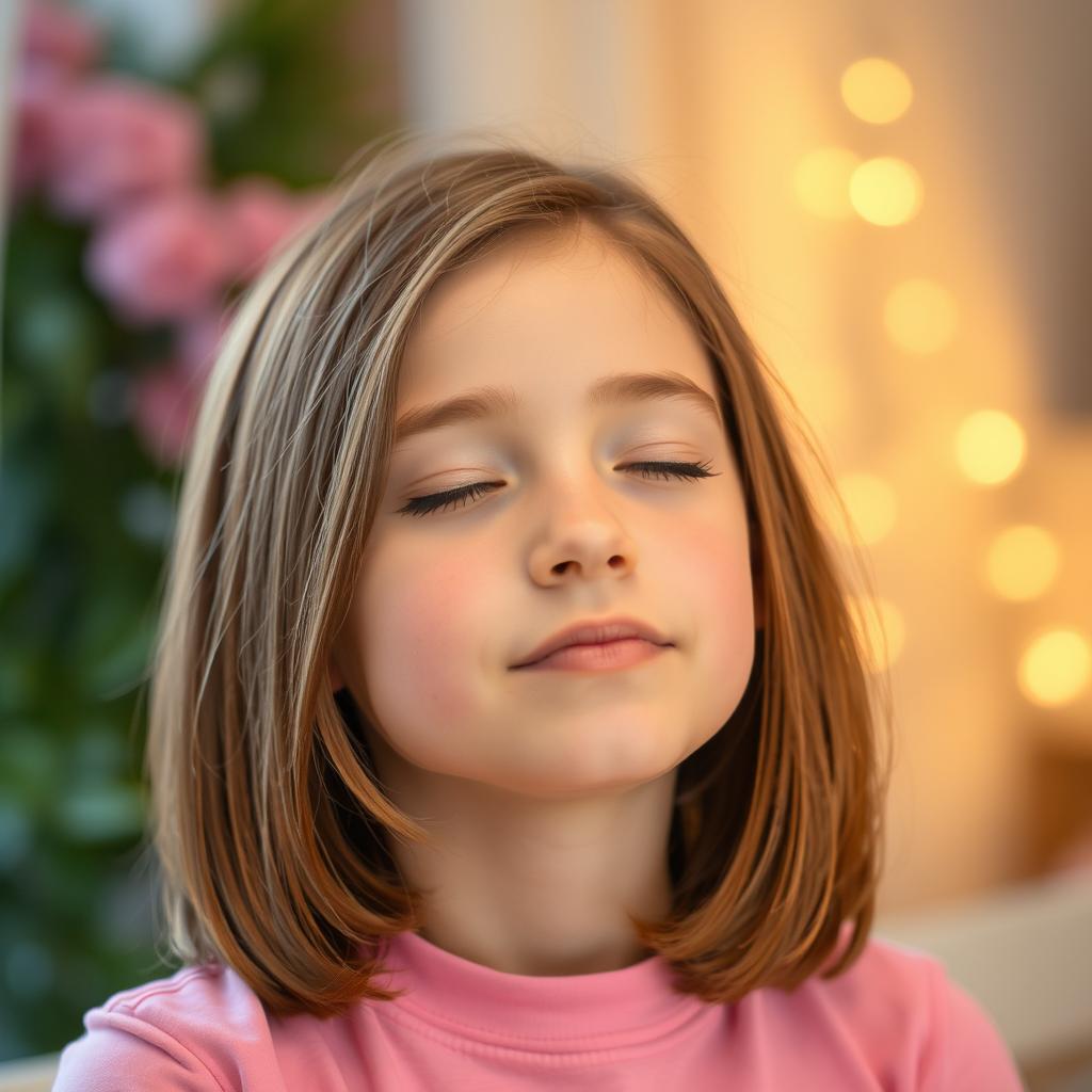 A young teenager with fair skin and medium-length brown hair, eyes closed, enjoying a moment of peace or relaxation