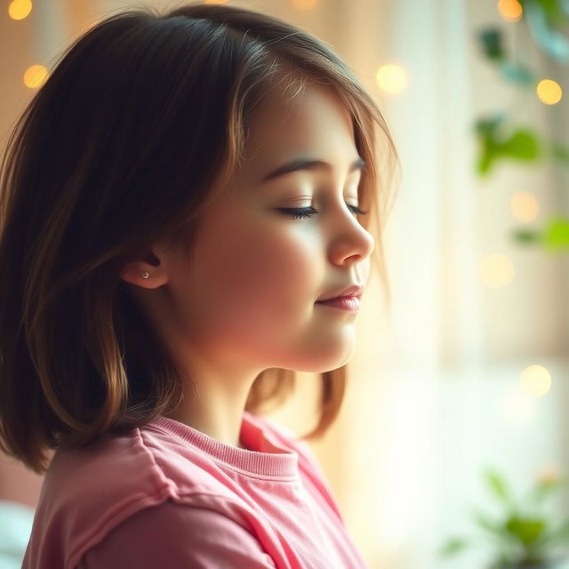 A young teenager with fair skin and medium-length brown hair, eyes closed, enjoying a moment of peace or relaxation