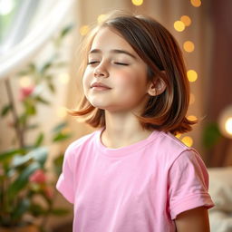 A young teenager with fair skin and medium-length brown hair, eyes closed, enjoying a moment of peace or relaxation