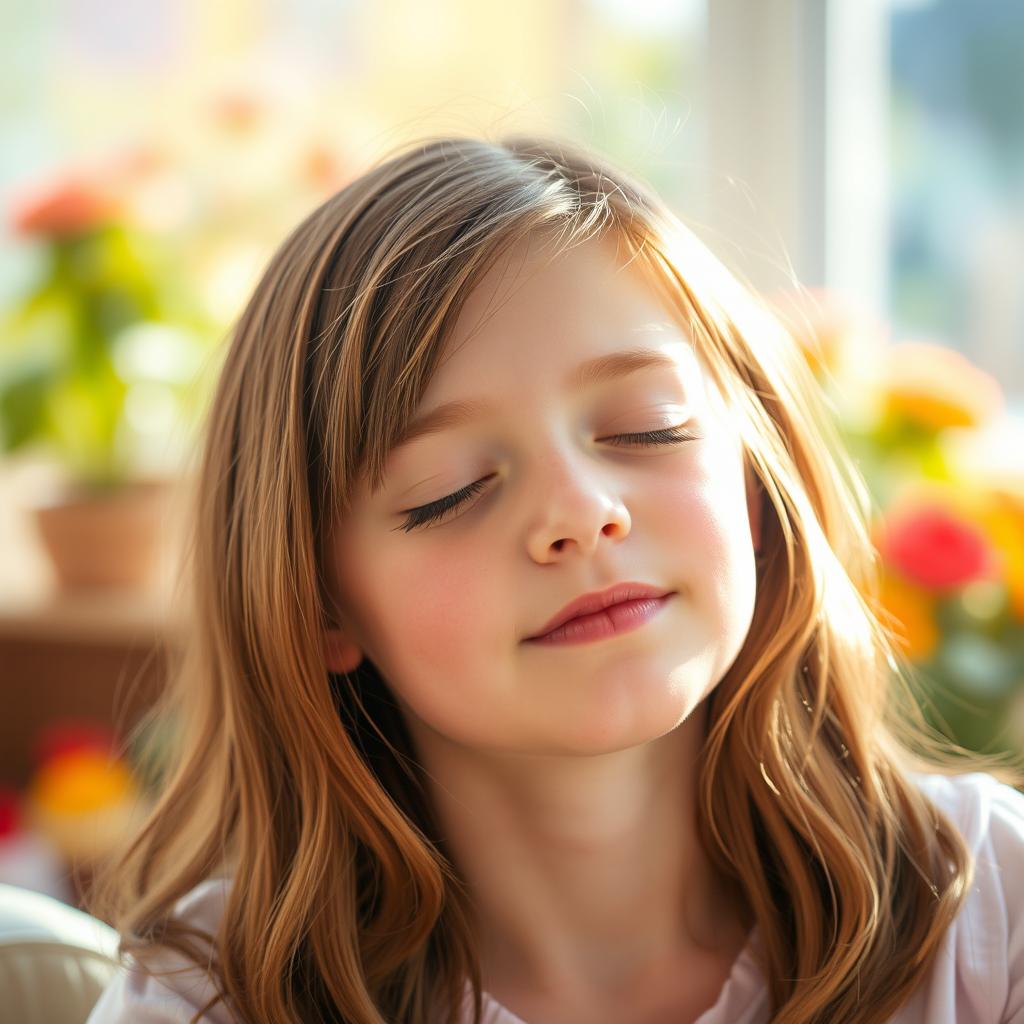 A young teenager with fair skin and medium-length brown hair, eyes closed, radiating a calm and peaceful vibe