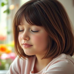 A young teenager with fair skin and medium-length brown hair, eyes closed, radiating a calm and peaceful vibe