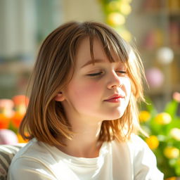 A young teenager with fair skin and medium-length brown hair, eyes closed, radiating a calm and peaceful vibe