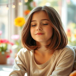 A young teenager with fair skin and medium-length brown hair, eyes closed, radiating a calm and peaceful vibe