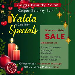A vibrant and festive promotional banner design for Golgis Beauty Salon's Yalda Night Sale