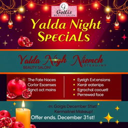 A vibrant and festive promotional banner design for Golgis Beauty Salon's Yalda Night Sale