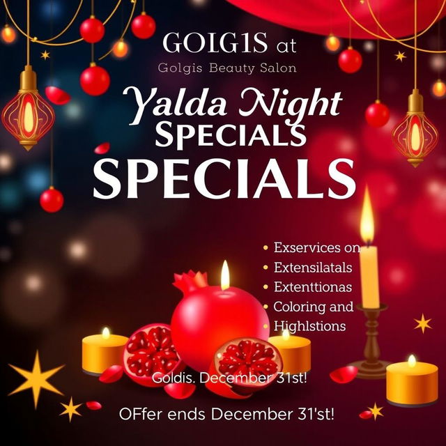 A vibrant and festive promotional banner design for Golgis Beauty Salon's Yalda Night Sale