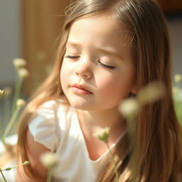 A young girl with fair skin and long, flowing brown hair, eyes closed, lost in a serene moment of tranquility
