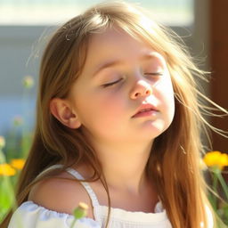 A young girl with fair skin and long, flowing brown hair, eyes closed, lost in a serene moment of tranquility