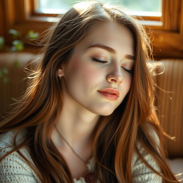 A tranquil scene featuring a young woman with fair skin and long, flowing brown hair, eyes gently closed, embodying a sense of serenity and introspection