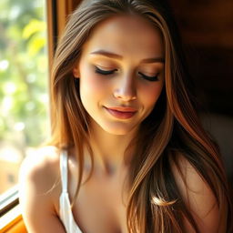 A tranquil scene featuring a young woman with fair skin and long, flowing brown hair, eyes gently closed, embodying a sense of serenity and introspection