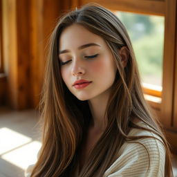 A tranquil scene featuring a young woman with fair skin and long, flowing brown hair, eyes gently closed, embodying a sense of serenity and introspection