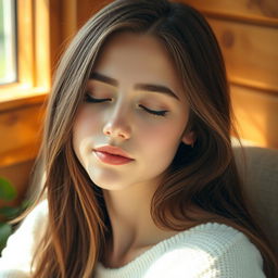 A tranquil scene featuring a young woman with fair skin and long, flowing brown hair, eyes gently closed, embodying a sense of serenity and introspection