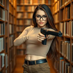 A woman with long brown hair and black glasses, wearing a light brown long sleeve turtleneck crop top that reveals a hint of her stomach