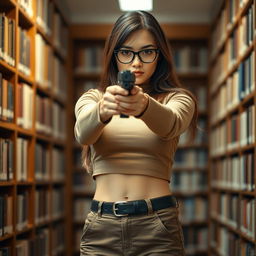 A woman with long brown hair and black glasses, wearing a light brown long sleeve turtleneck crop top that reveals a hint of her stomach