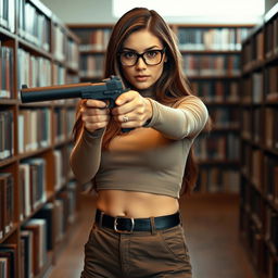 A woman with long brown hair and black glasses, wearing a light brown long sleeve turtleneck crop top that reveals a hint of her stomach