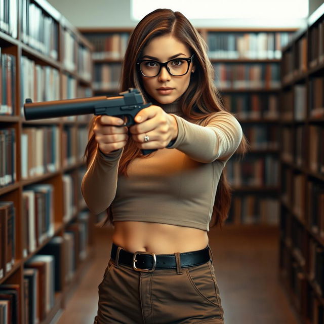 A woman with long brown hair and black glasses, wearing a light brown long sleeve turtleneck crop top that reveals a hint of her stomach