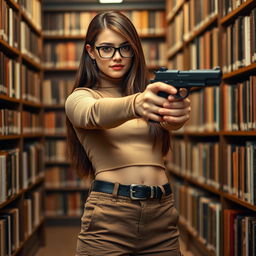 A woman with long brown hair and black glasses, wearing a light brown long sleeve turtleneck crop top that reveals a hint of her stomach