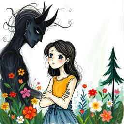 An abstract drawing representing a thoughtful girl surrounded by nature, showcasing her keen observation skills