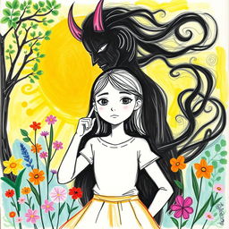 An abstract drawing representing a thoughtful girl surrounded by nature, showcasing her keen observation skills