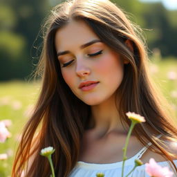 A young woman with fair skin and long, flowing brown hair, her eyes gently closed in a moment of peace and contemplation