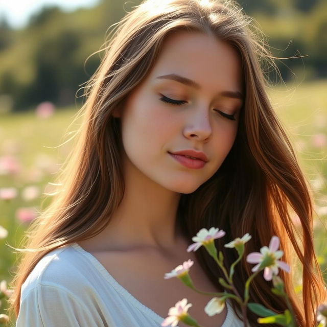 A young woman with fair skin and long, flowing brown hair, her eyes gently closed in a moment of peace and contemplation