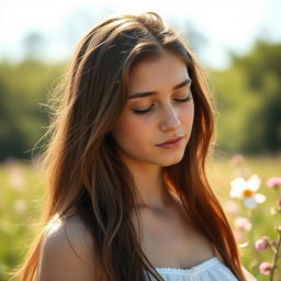 A young woman with fair skin and long, flowing brown hair, her eyes gently closed in a moment of peace and contemplation