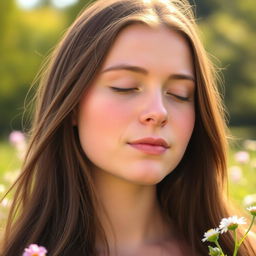 A young woman with fair skin and long, flowing brown hair, her eyes gently closed in a moment of peace and contemplation