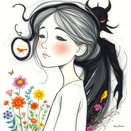 An abstract drawing depicting a girl with a serene expression, symbolizing her ability to keenly observe her surroundings