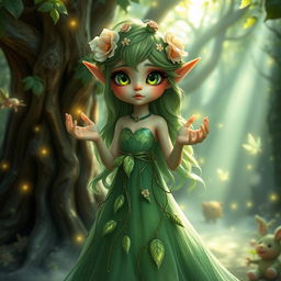 A mystical elf character with vibrant green hair adorned with delicate flowers, wearing a flowing long dress made of shimmering leaves and vines