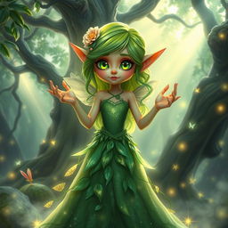 A mystical elf character with vibrant green hair adorned with delicate flowers, wearing a flowing long dress made of shimmering leaves and vines