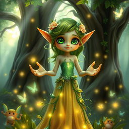A mystical elf character with vibrant green hair adorned with delicate flowers, wearing a flowing long dress made of shimmering leaves and vines