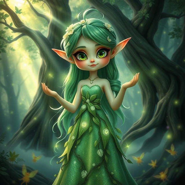 A mystical elf character with vibrant green hair adorned with delicate flowers, wearing a flowing long dress made of shimmering leaves and vines