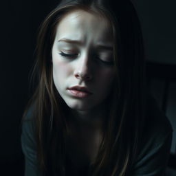 A young woman with fair skin and long brown hair, her eyes gently closed, conveying a sense of sadness and introspection