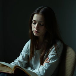A young woman with fair skin and long brown hair, her eyes gently closed, conveying a sense of sadness and introspection