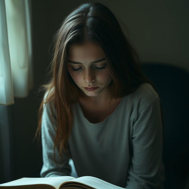 A young woman with fair skin and long brown hair, her eyes gently closed, conveying a sense of sadness and introspection