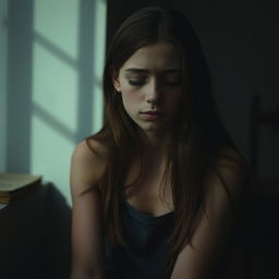 A young woman with fair skin and long brown hair, her eyes gently closed, conveying a sense of sadness and introspection