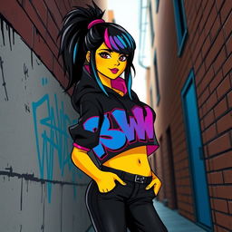 A woman with black hair styled in a ponytail, featuring striking blue and pink strands at the front