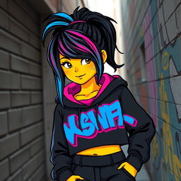 A woman with black hair styled in a ponytail, featuring striking blue and pink strands at the front