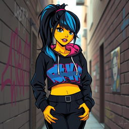 A woman with black hair styled in a ponytail, featuring striking blue and pink strands at the front