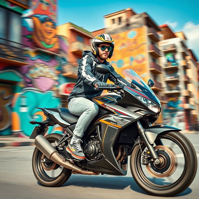 Lionel Messi riding a sleek Honda CB motorcycle, showcasing a dynamic pose as he speeds through a vibrant cityscape