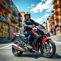 Lionel Messi riding a sleek Honda CB motorcycle, showcasing a dynamic pose as he speeds through a vibrant cityscape