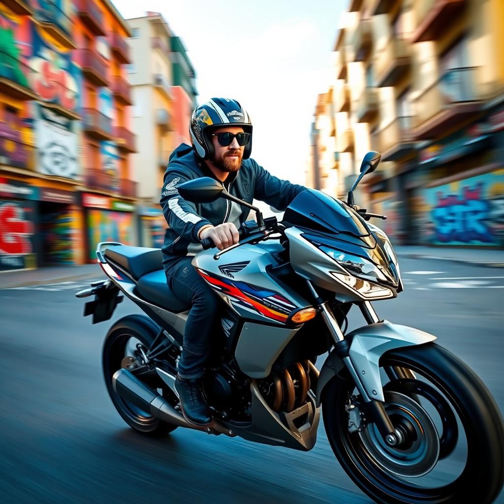 Lionel Messi riding a sleek Honda CB motorcycle, showcasing a dynamic pose as he speeds through a vibrant cityscape