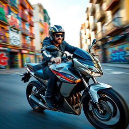 Lionel Messi riding a sleek Honda CB motorcycle, showcasing a dynamic pose as he speeds through a vibrant cityscape