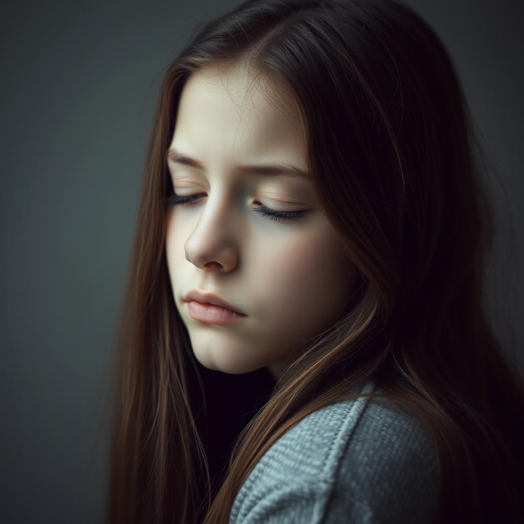 A serene portrait of a teenage girl with long brown hair cascading over her shoulders, her eyes gently closed as if in deep thought or contemplation